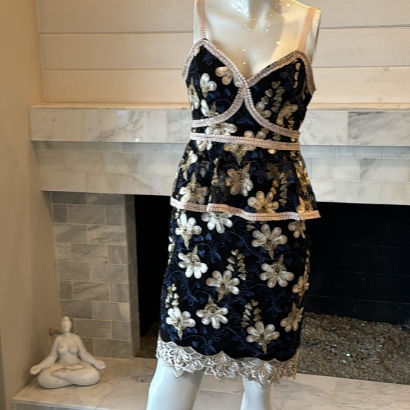Lulus Karina Black & Blue Floral Embroidered Peplum Dress Size Small - Picture 6 of 14